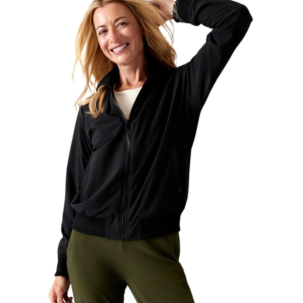 Athleta Brooklyn Bomber Jacket Athleisure Sporty Travel Stretch Black Size XL